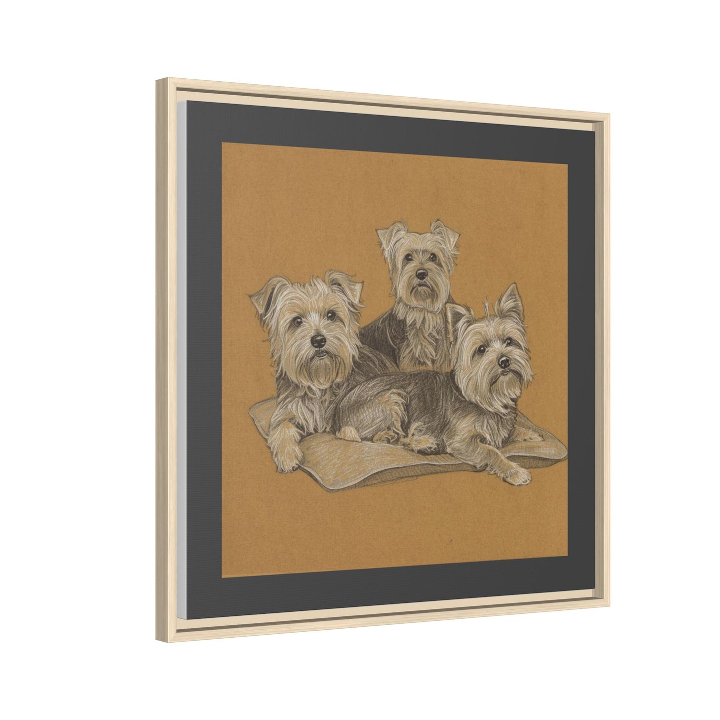 Yorkshire Terrier Trio Matte Canvas Print — Framed Dog Wall Art on Tan Cushion
