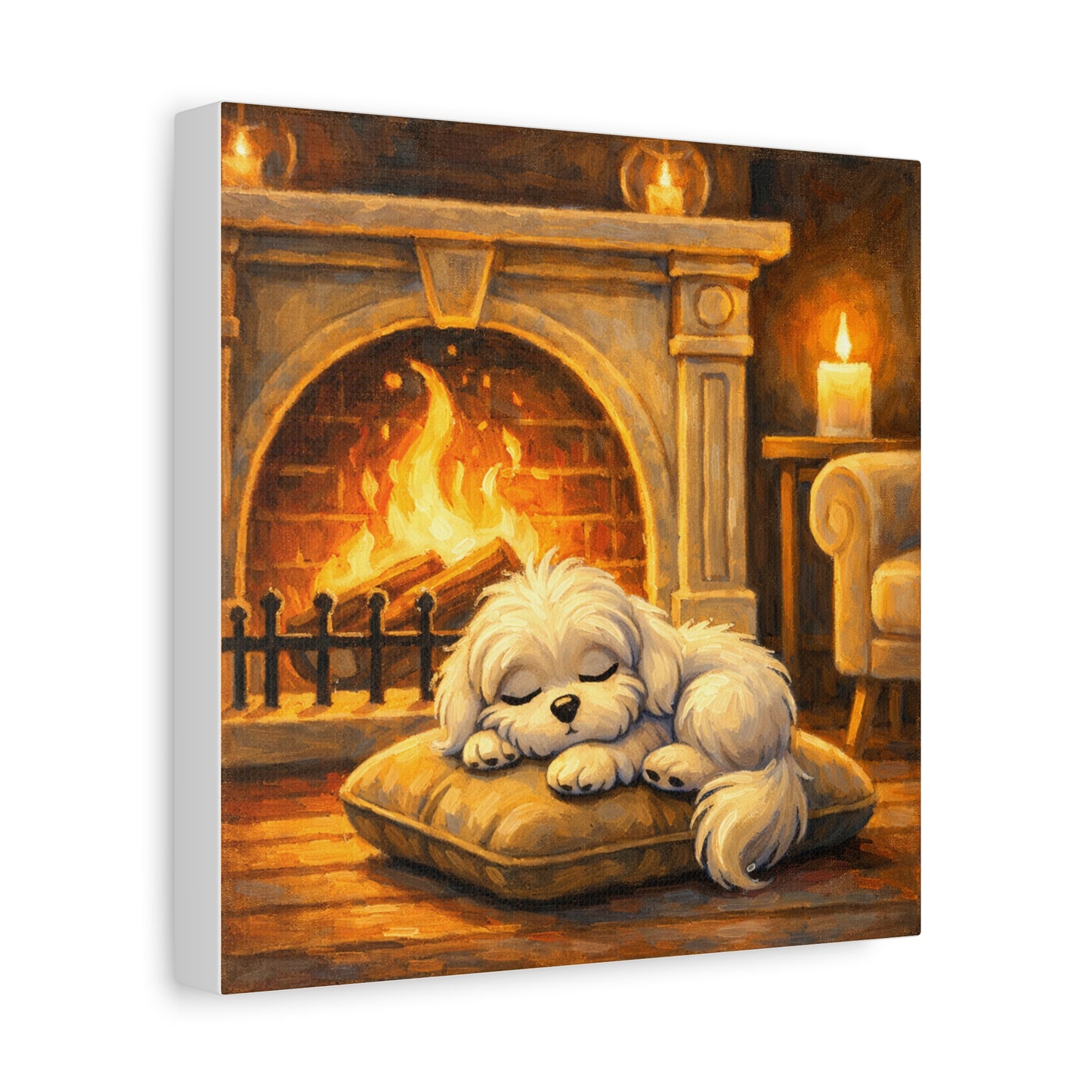 Sleeping Puppy Fireplace Canvas — Cozy Dog Wall Art