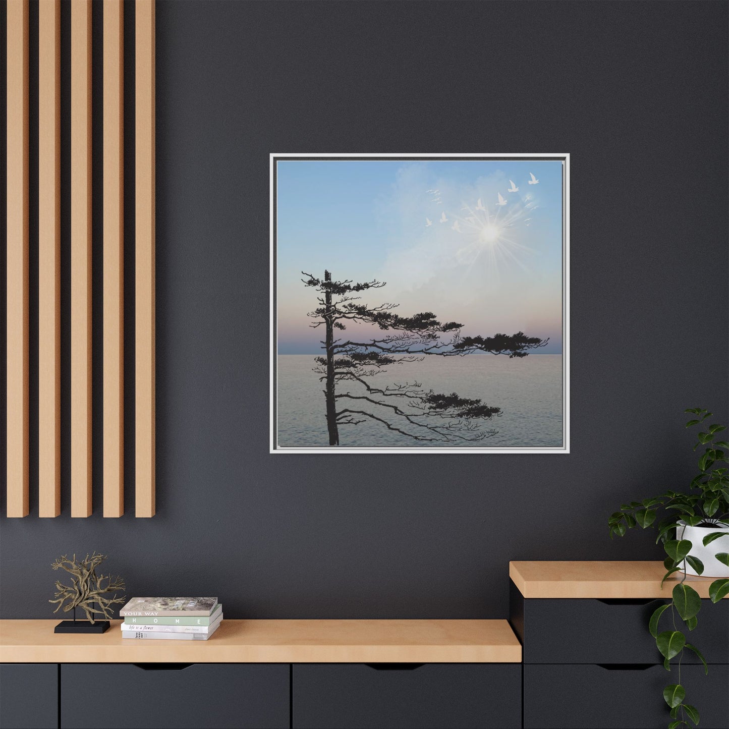 Serene Nature Wall Art - Framed Matte Canvas with Birds and Sunset