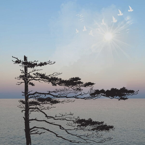 Solitary Pine at Dawn – Tranquil Lake Landscape with Sunrise and Birds 8x8" 16x16