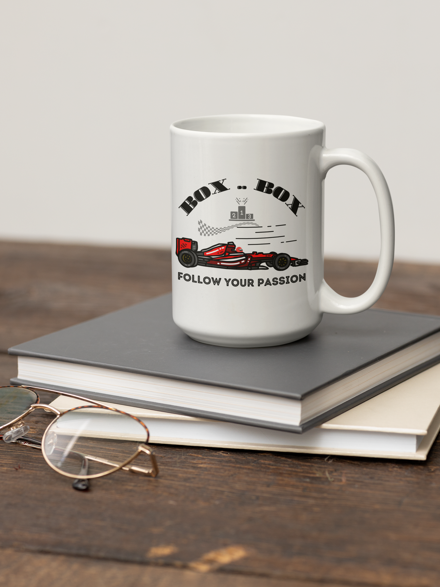 Mug Formula 1 Car Chequered Flag 'Box Box Follow your Passion'
