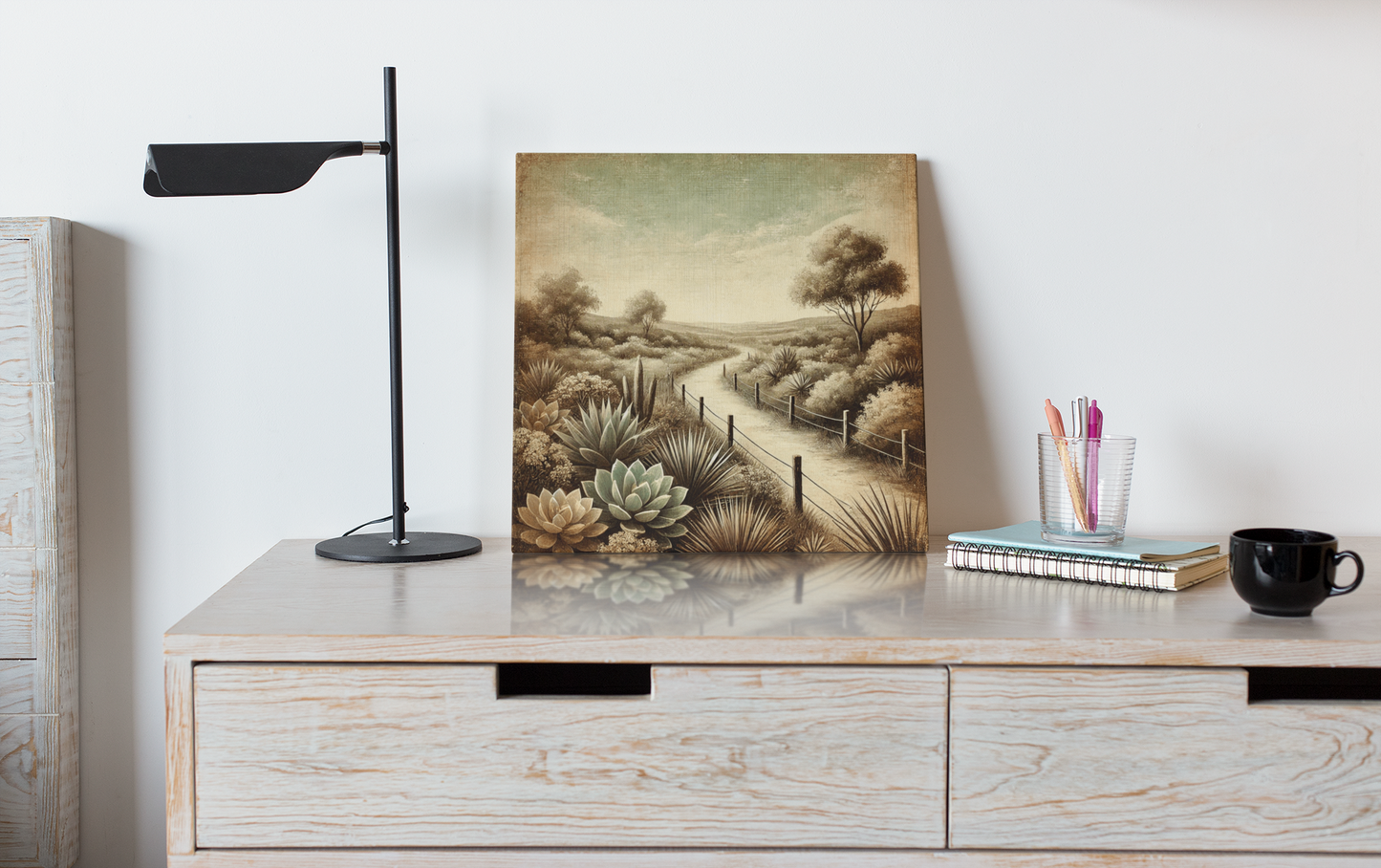 Tranquil Desert Path – Vintage-Style Landscape Art Print 20 x 20 cm / 8x8"