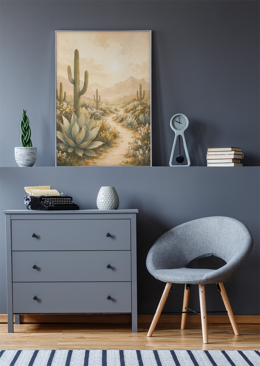 Golden Stillness Desert Succulent Canvas — Matte Stretched Wall Art
