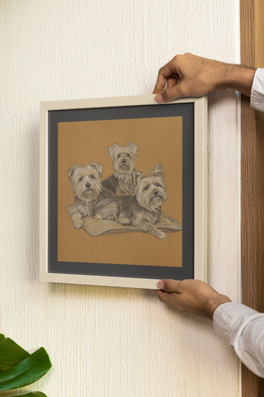 Yorkshire Terrier Trio Matte Canvas Print — Framed Dog Wall Art on Tan Cushion