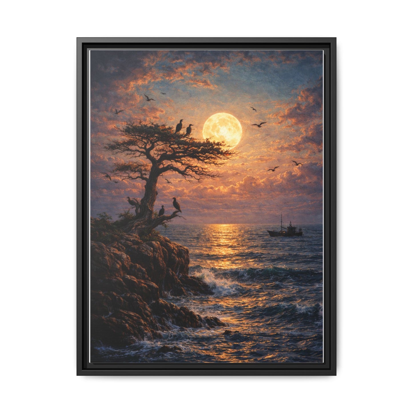 Moonlit Seascape Framed Canvas — Serene Ocean Night Wall Art