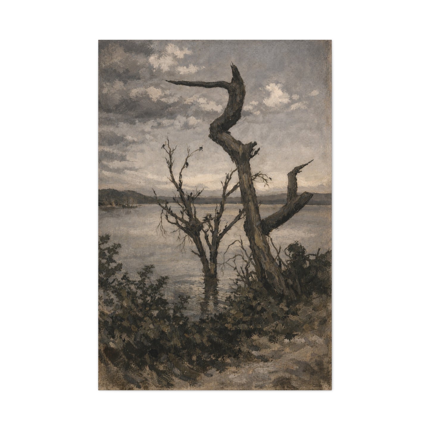 Silent Lakeside at Dusk Matte Canvas Wall Art — Tranquil Birds on Weathered Trees