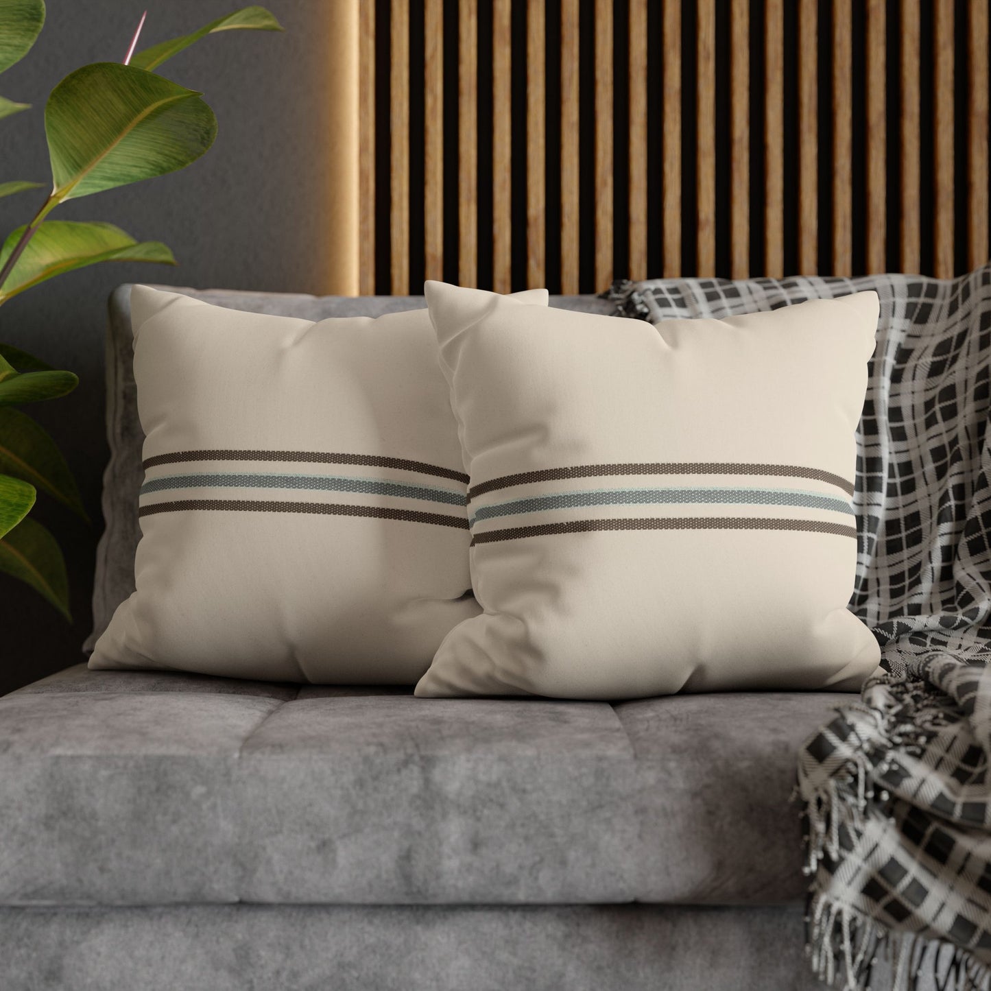 Striped Faux Suede Pillowcase — Neutral Coastal Decorative Throw Pillow Cover