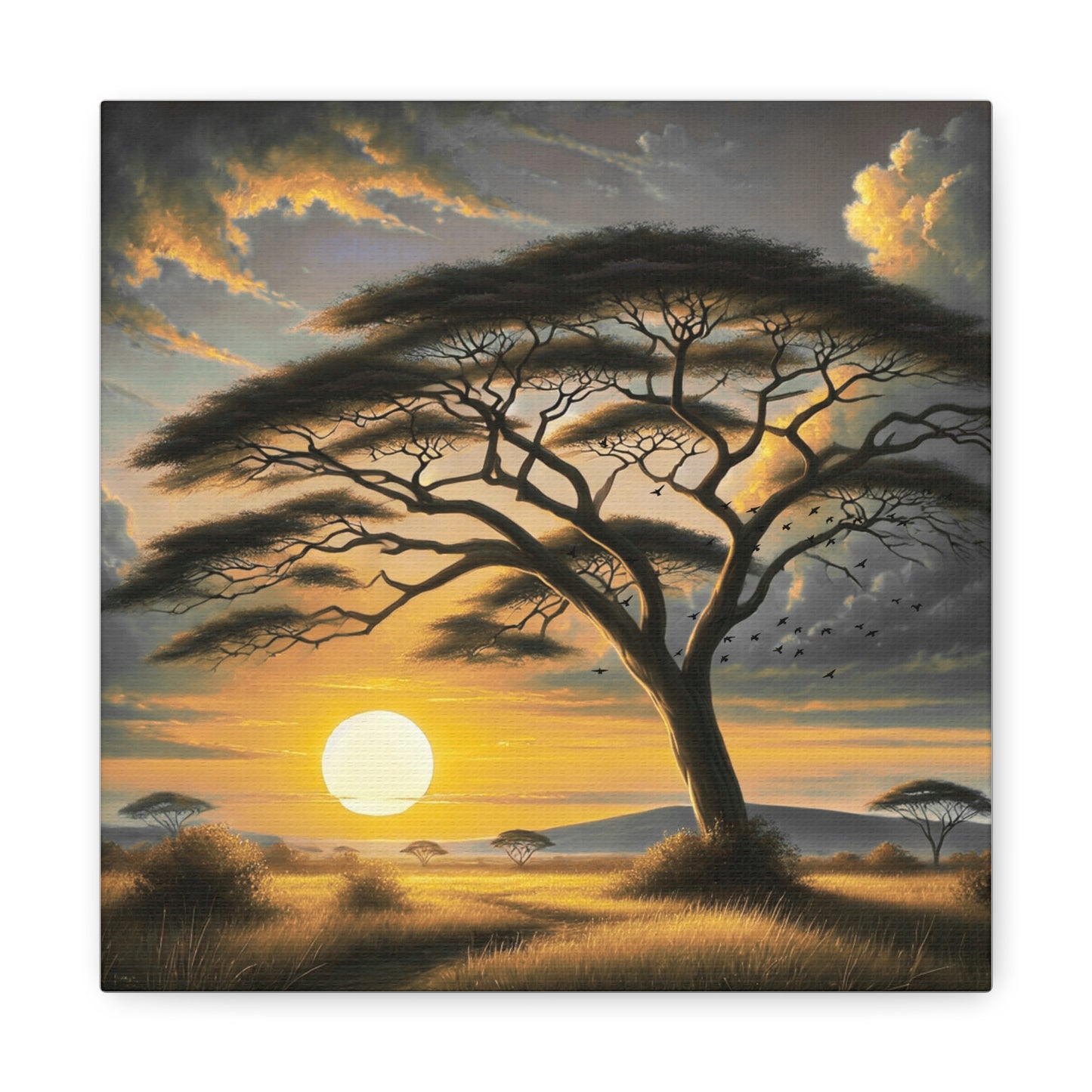Sunset Savannah Acacia Canvas Print — African Landscape Wall Art