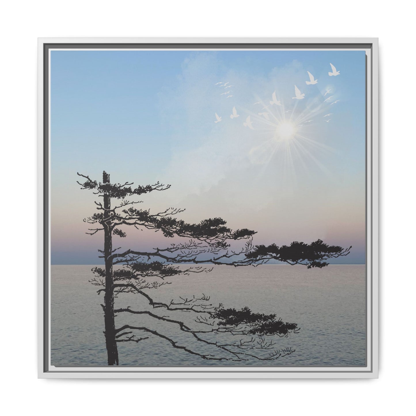 Serene Nature Wall Art - Framed Matte Canvas with Birds and Sunset