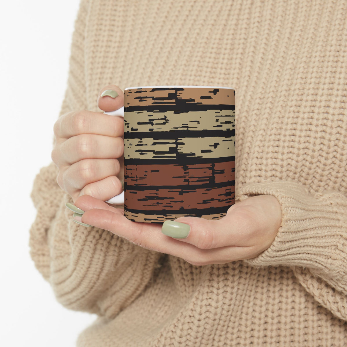 Rustic Striped Ceramic Mug – Vintage Earth Tone Pattern (11oz, 15oz)