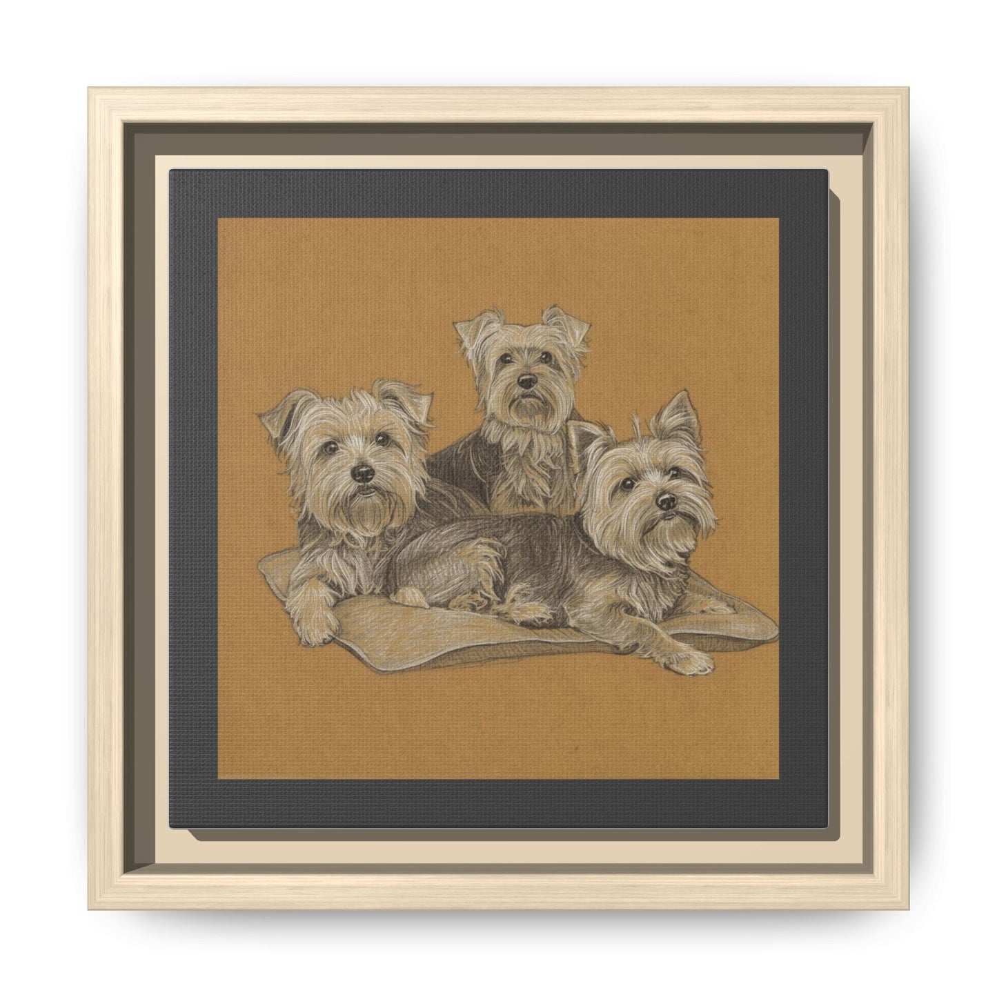 Yorkshire Terrier Trio Matte Canvas Print — Framed Dog Wall Art on Tan Cushion