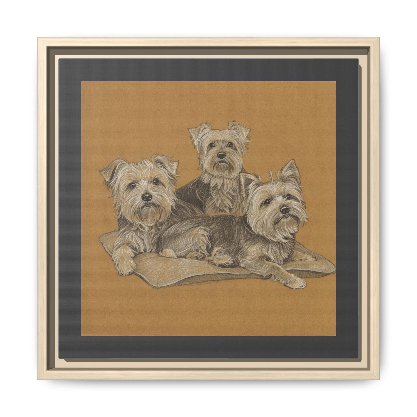 Yorkshire Terrier Trio Matte Canvas Print — Framed Dog Wall Art on Tan Cushion