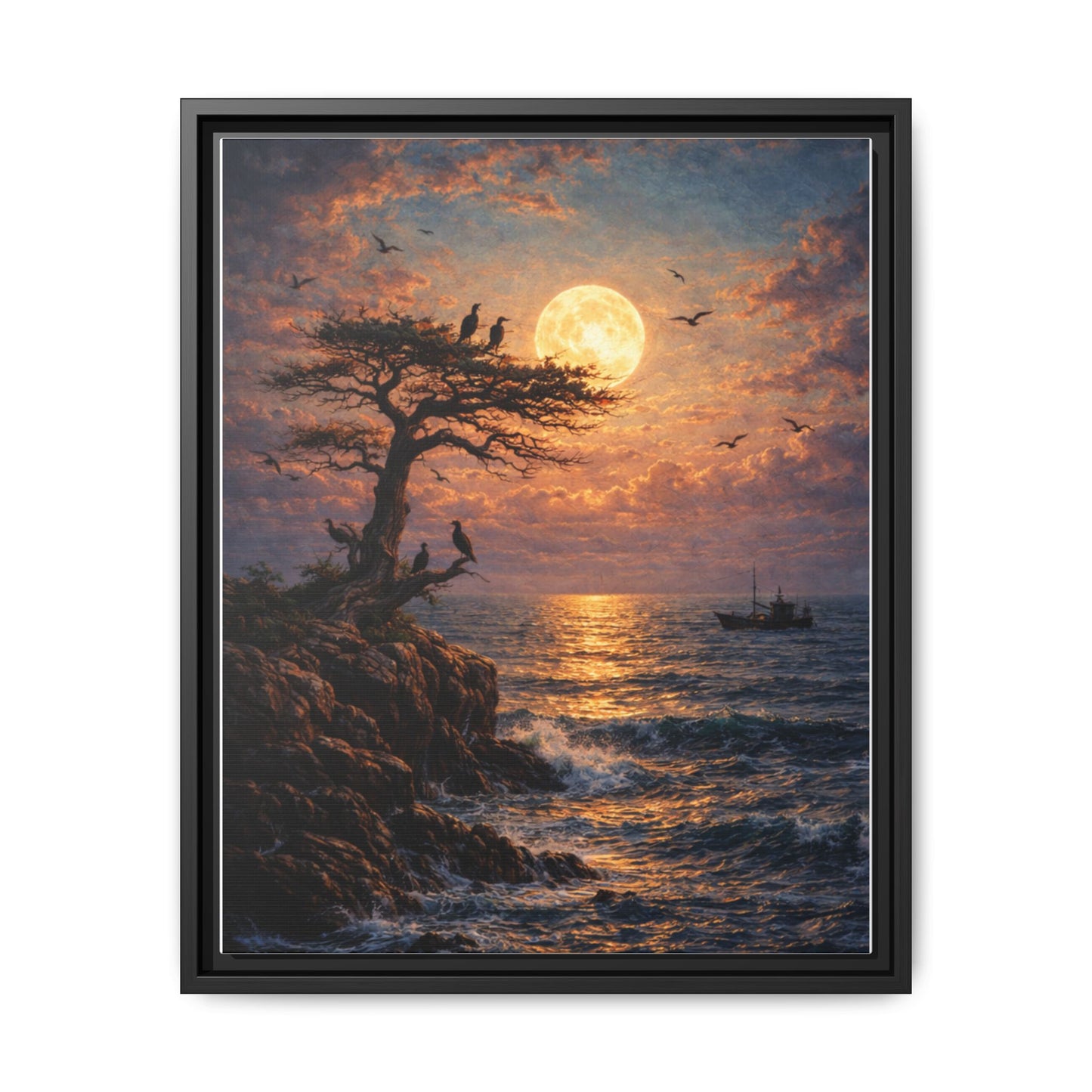 Moonlit Seascape Framed Canvas — Serene Ocean Night Wall Art