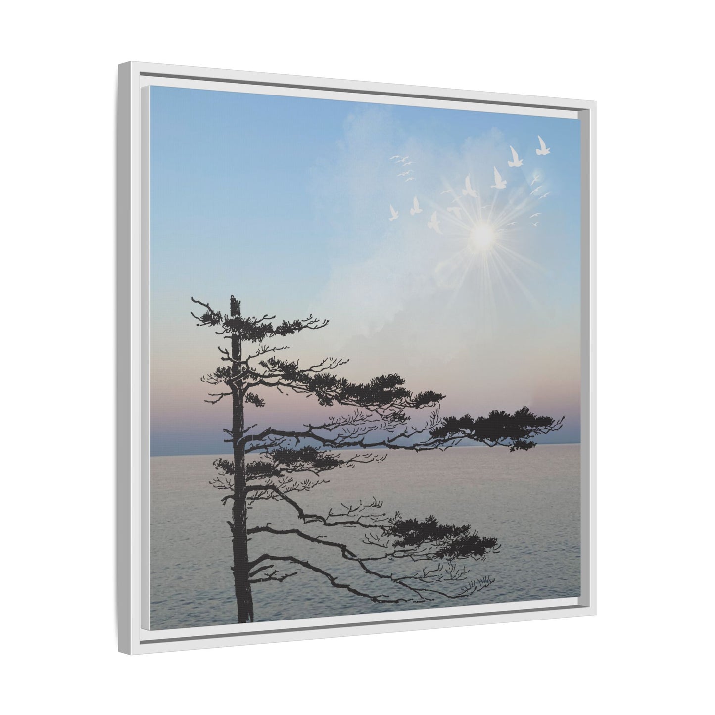 Serene Nature Wall Art - Framed Matte Canvas with Birds and Sunset