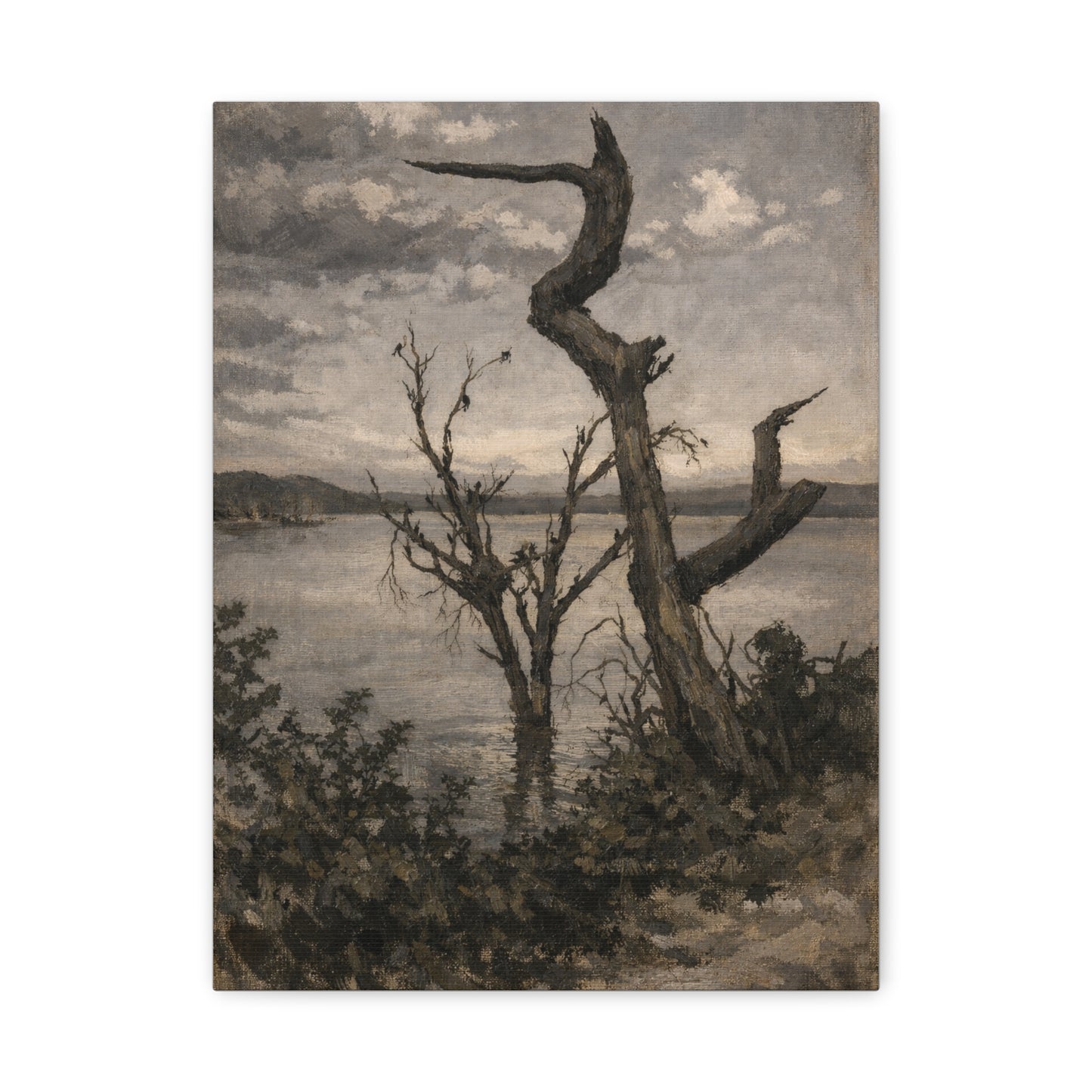 Silent Lakeside at Dusk Matte Canvas Wall Art — Tranquil Birds on Weathered Trees