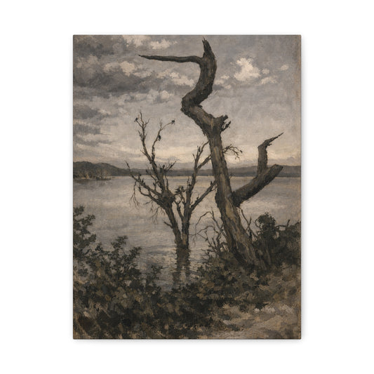 Silent Lakeside at Dusk Matte Canvas Wall Art — Tranquil Birds on Weathered Trees