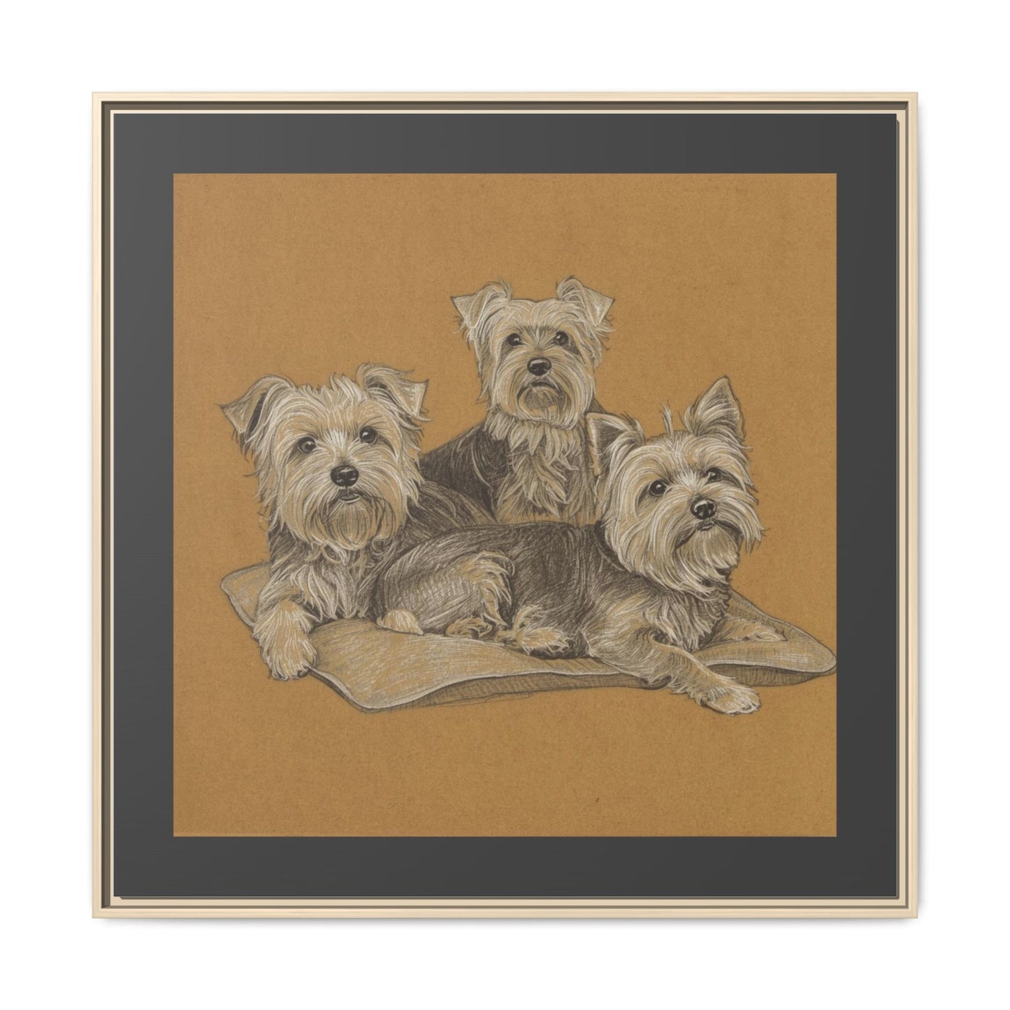 Yorkshire Terrier Trio Matte Canvas Print — Framed Dog Wall Art on Tan Cushion
