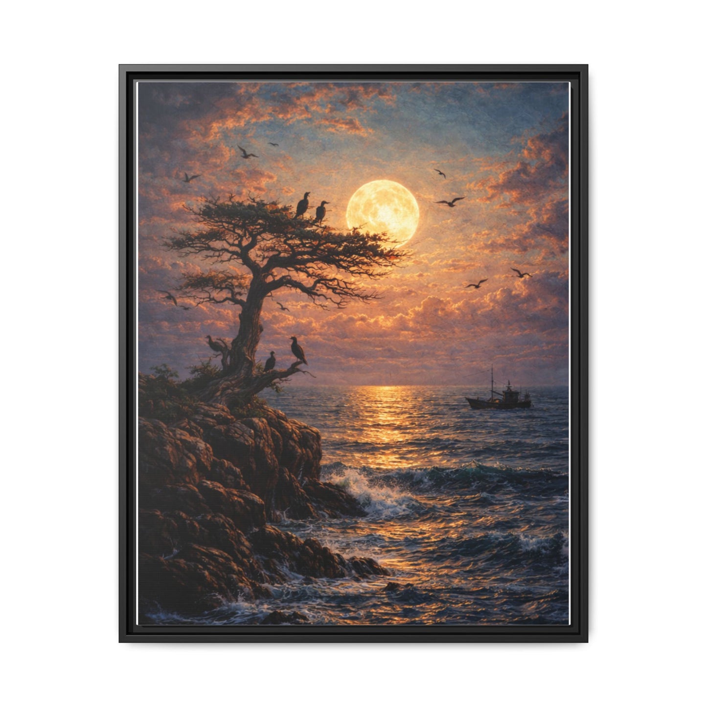 Moonlit Seascape Framed Canvas — Serene Ocean Night Wall Art