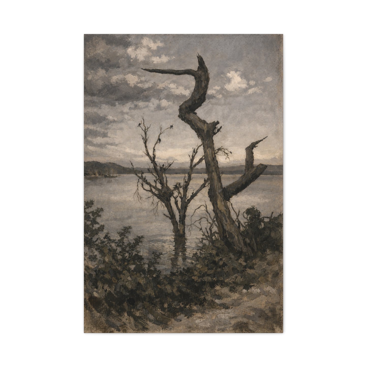 Silent Lakeside at Dusk Matte Canvas Wall Art — Tranquil Birds on Weathered Trees