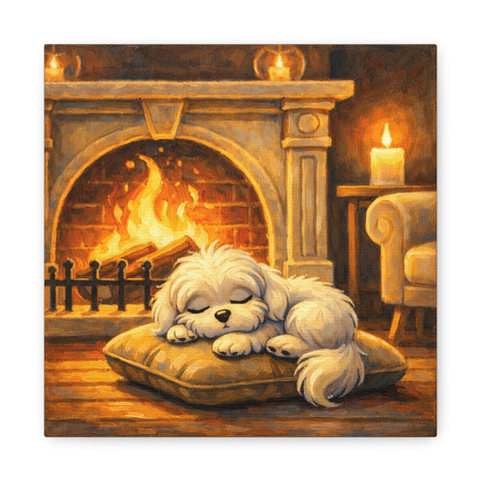 Sleeping Puppy Fireplace Canvas — Cozy Dog Wall Art