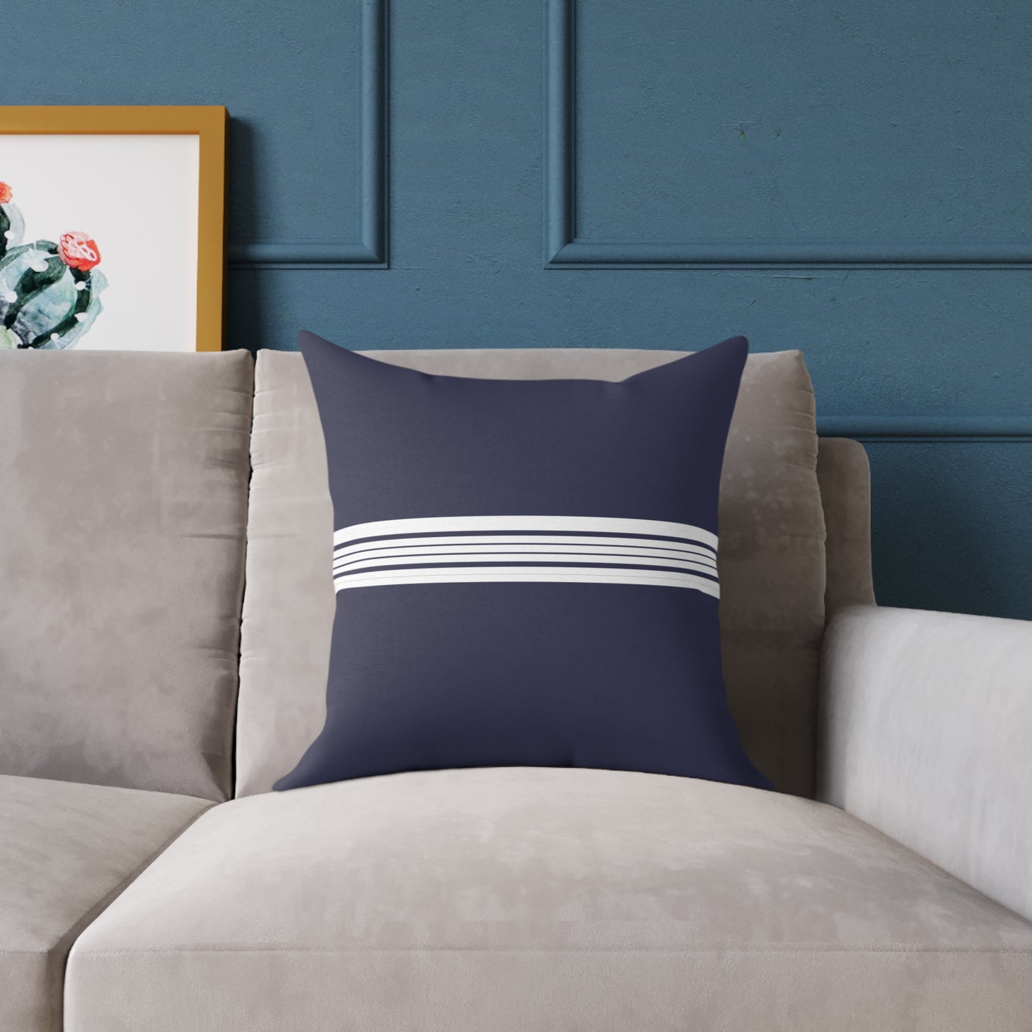 Navy Canvas Pillow with White Striped Accent — Coastal Nautical Decorative Throw Pillow