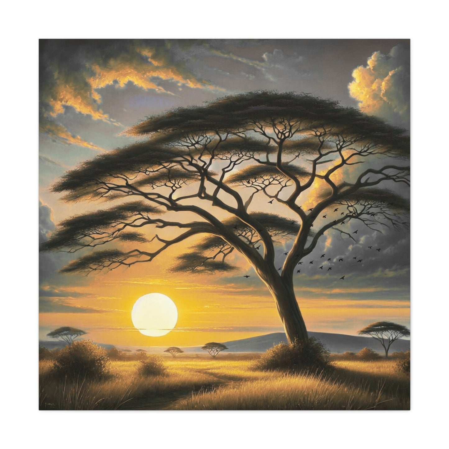 Sunset Savannah Acacia Canvas Print — African Landscape Wall Art