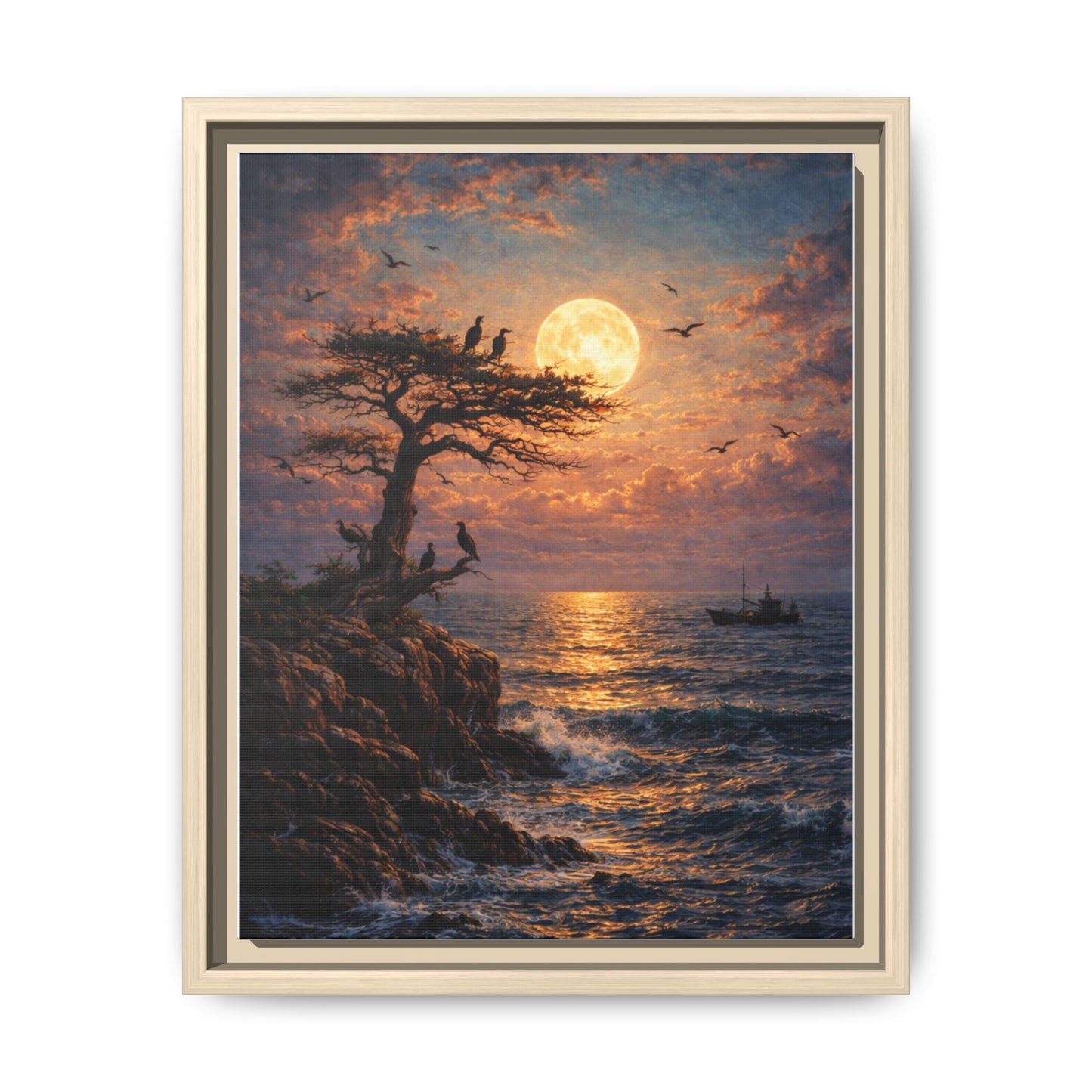 Moonlit Seascape Framed Canvas — Serene Ocean Night Wall Art