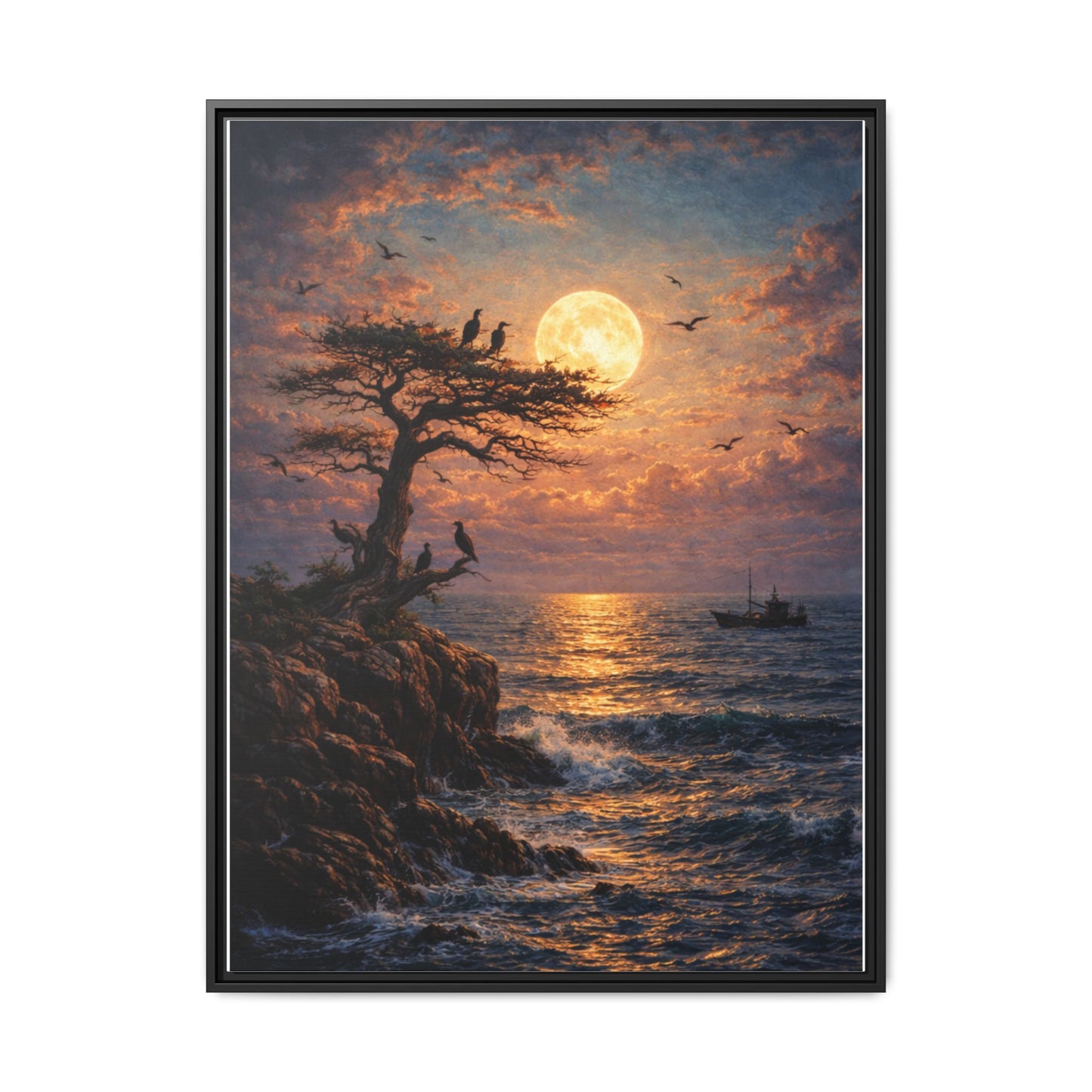 Moonlit Seascape Framed Canvas — Serene Ocean Night Wall Art