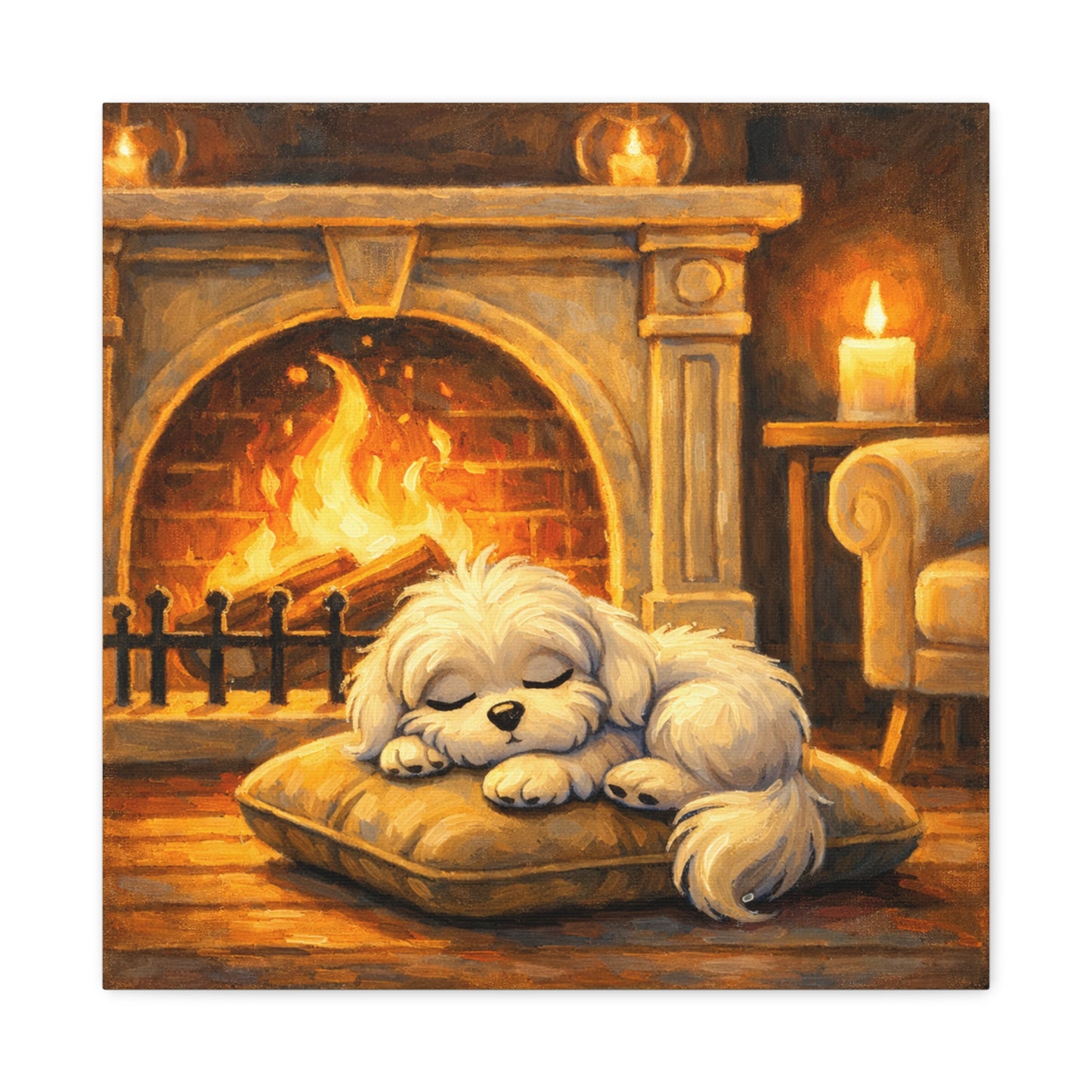 Sleeping Puppy Fireplace Canvas — Cozy Dog Wall Art