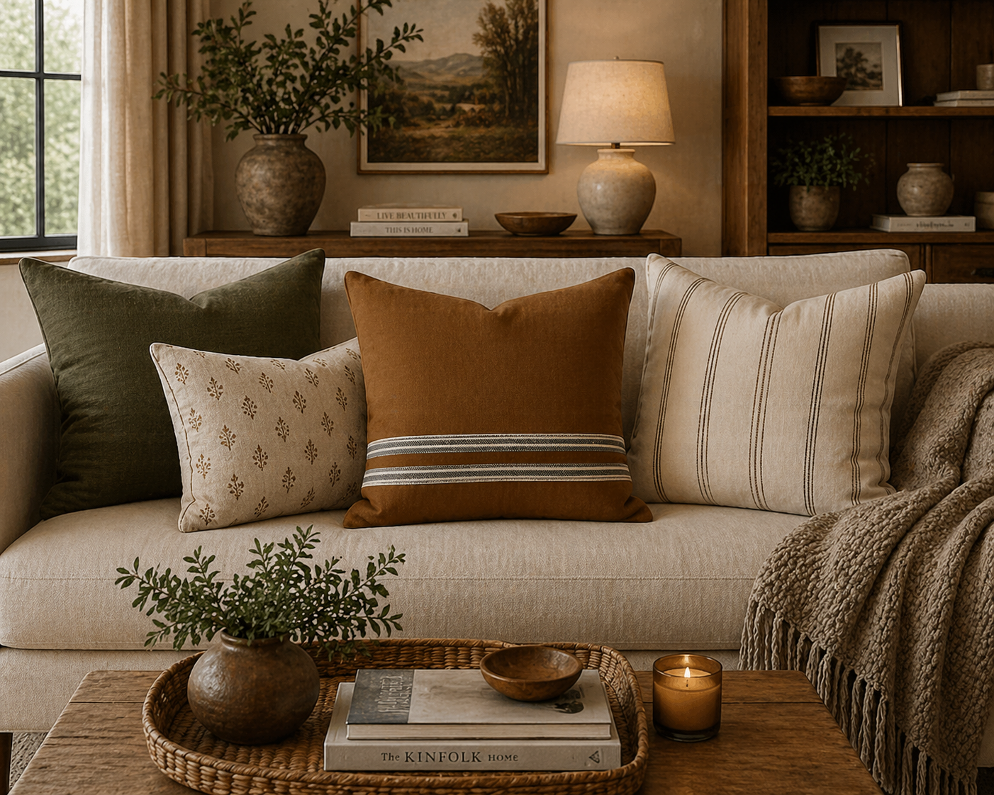 Beige Faux Suede Square Pillowcase — Neutral Striped Decorative Pillow Cover