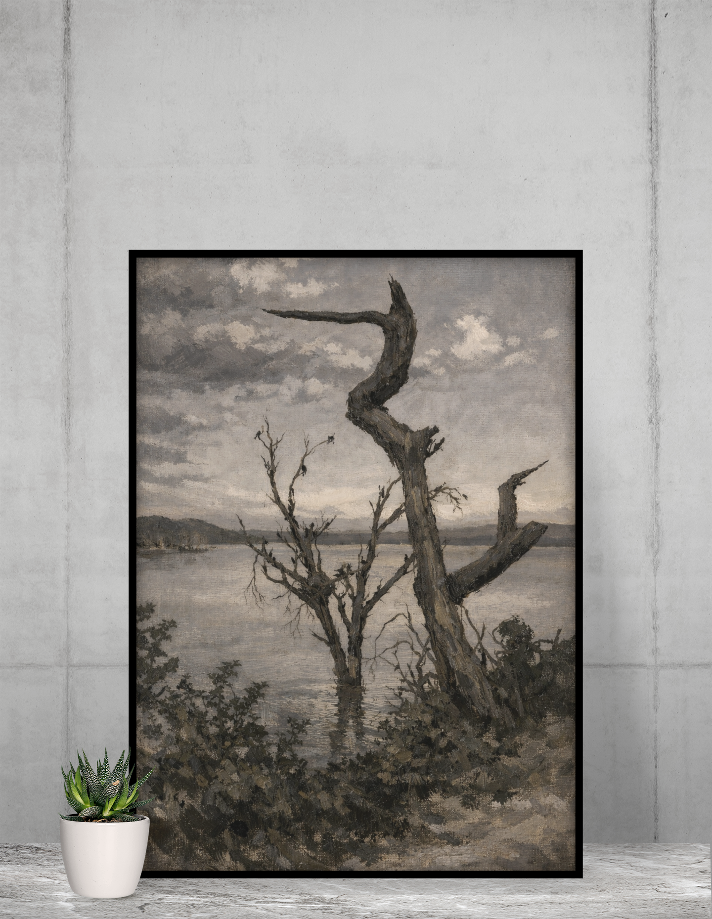 Silent Lakeside at Dusk Matte Canvas Wall Art — Tranquil Birds on Weathered Trees