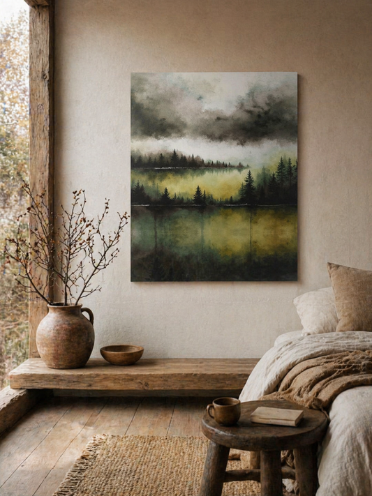 Misty Forest Lake Canvas Wall Art