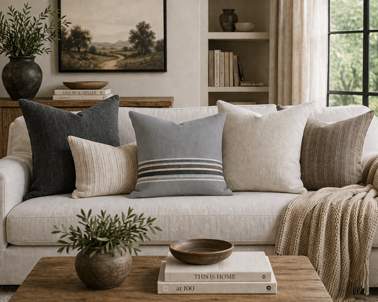 Striped Faux Suede Pillowcase — Neutral Gray Decorative Square Pillow Cover