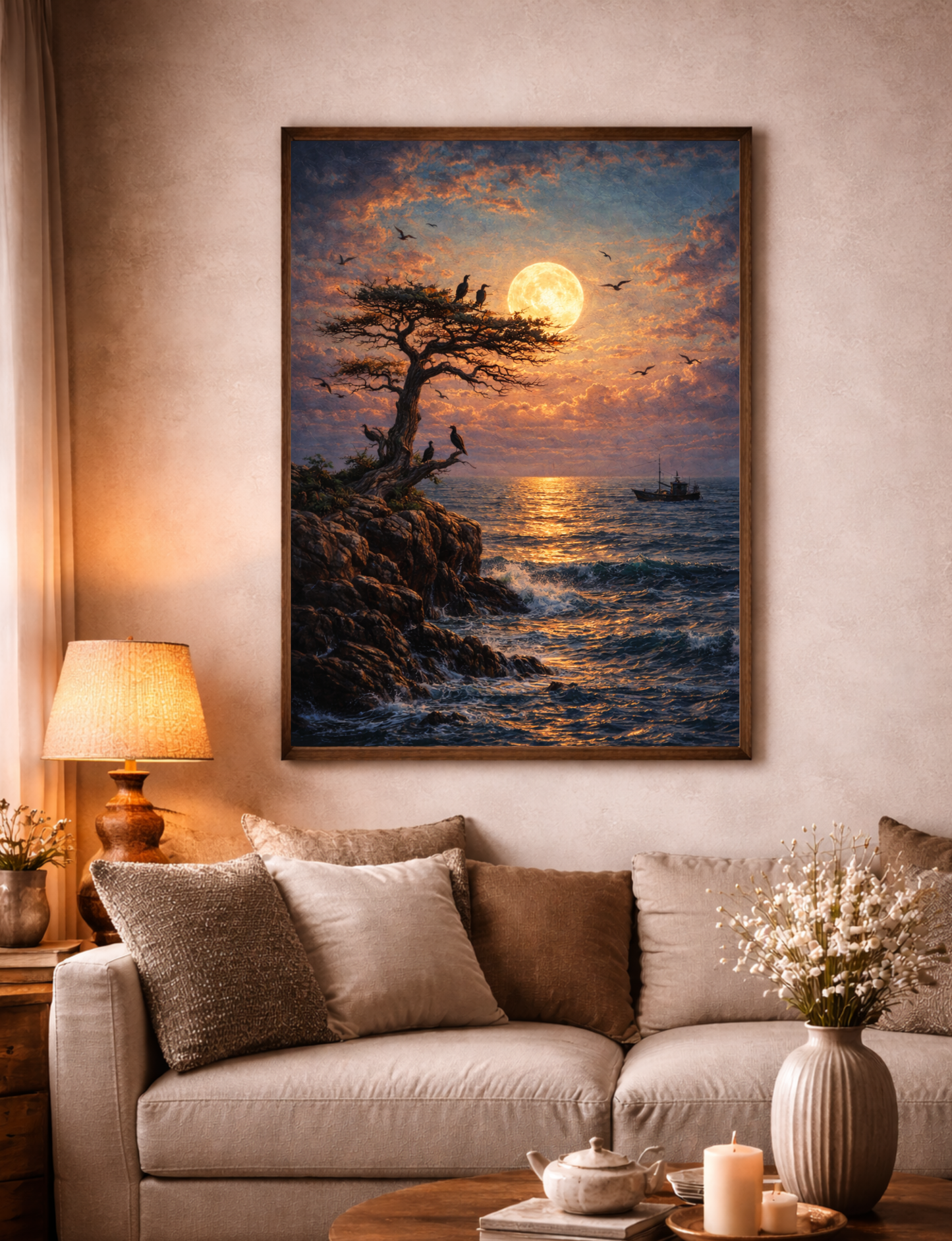 Moonlit Seascape Framed Canvas — Serene Ocean Night Wall Art