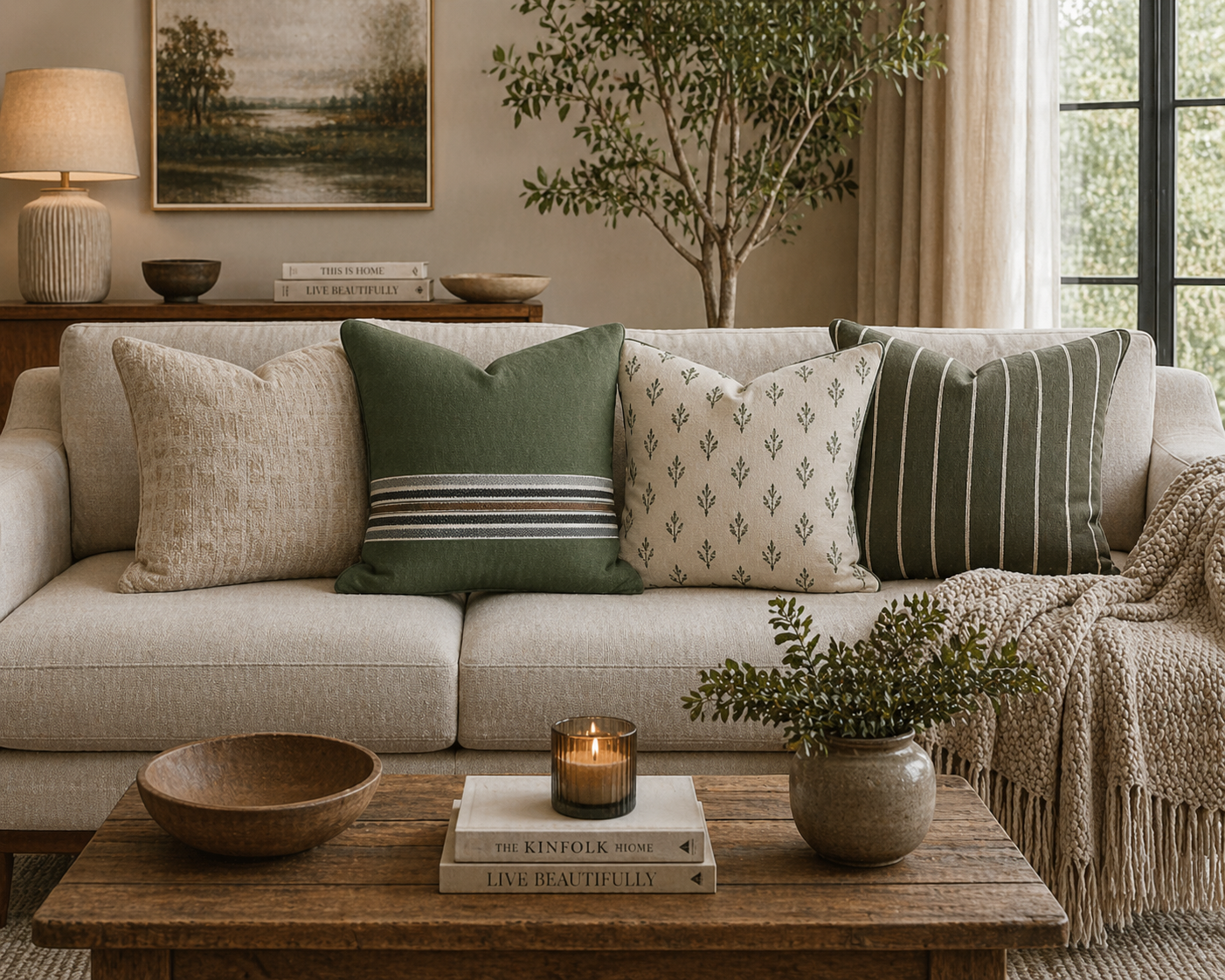 Green Striped Accent Pillowcase - Faux Suede Square Throw Pillow Cover