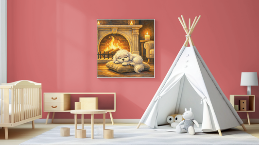 Sleeping Puppy Fireplace Canvas — Cozy Dog Wall Art
