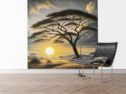 Sunset Savannah Acacia Canvas Print — African Landscape Wall Art