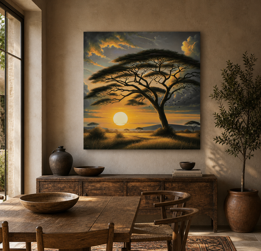 Sunset Savannah Acacia Canvas Print — African Landscape Wall Art